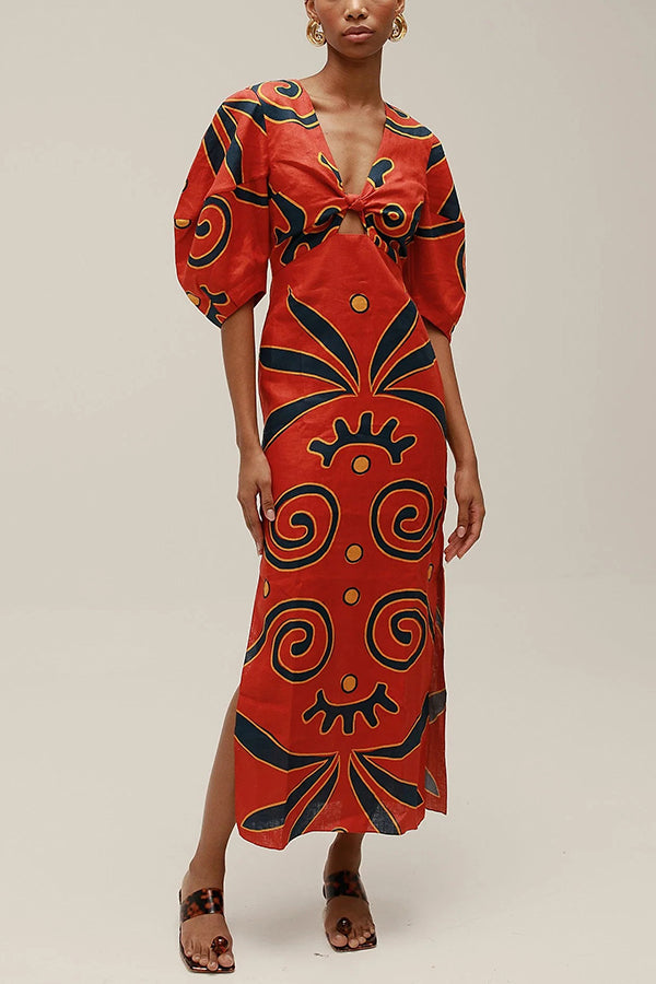 Blend Color Block Print Kaya Linen Dress Front Cutout Knot Puff Sleeve Maxi Dress