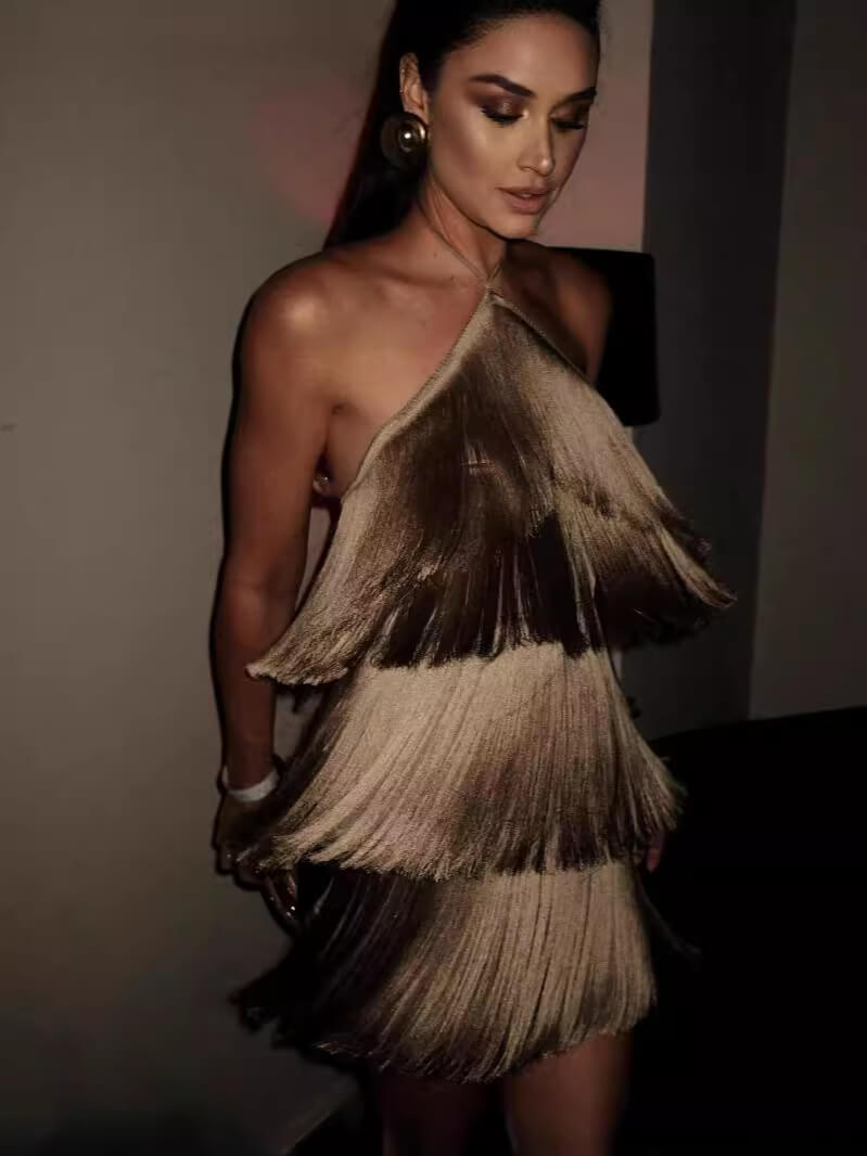 Moachic Halter Fringe Neck Tassel Backless Slit Party Mini Dress