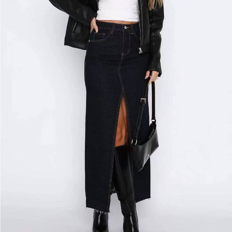Moachic Trendy Versatile Split Denim Midi Skirt