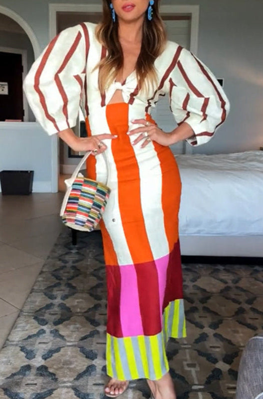 Blend Color Block Print Kaya Linen Dress Front Cutout Knot Puff Sleeve Maxi Dress
