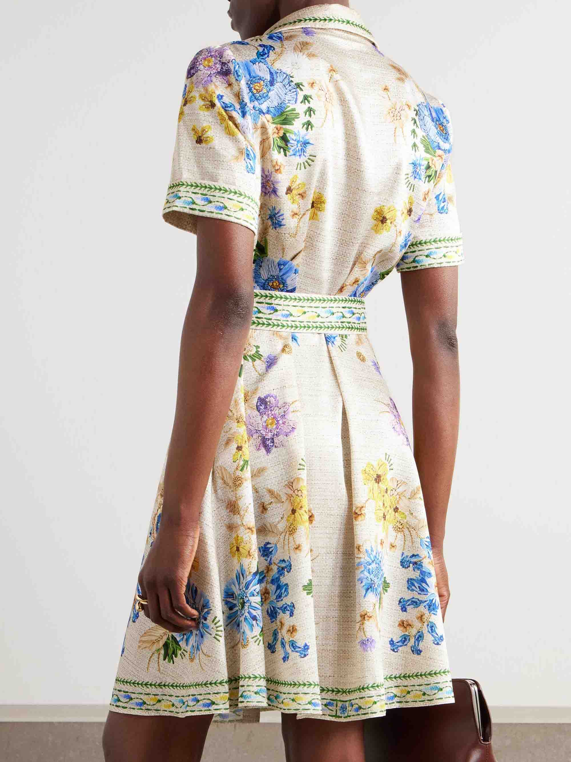 Delicate Belted Floral Print Mini Shirt Dress