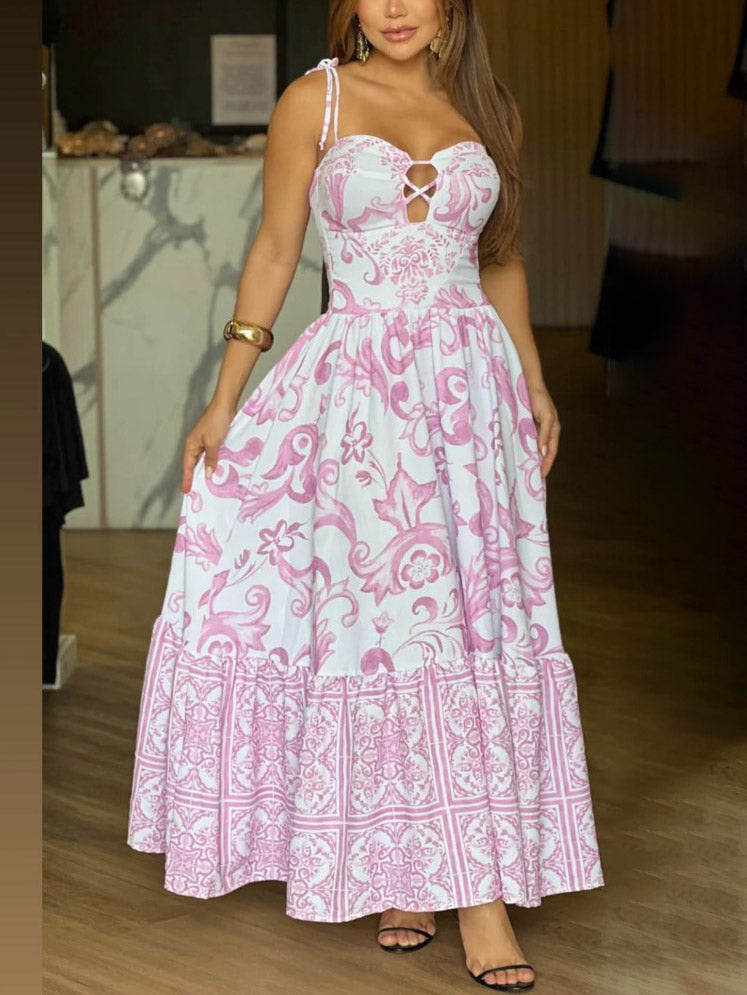 Exquisite Retro Print Holiday Sling Maxi Dress