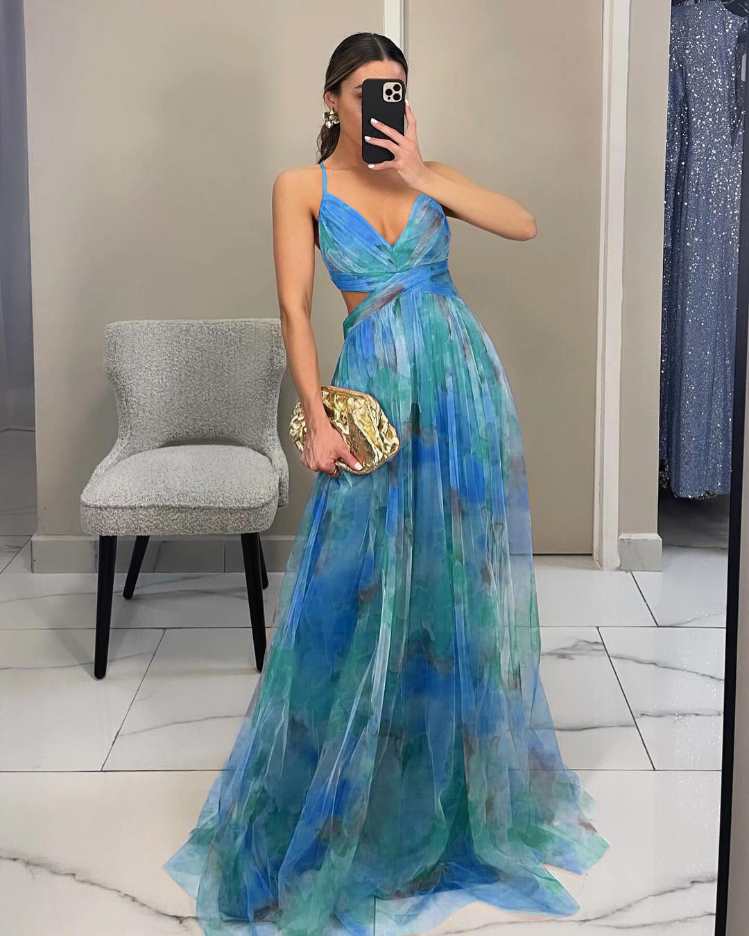 2025 Sexy Deep V-neck Floral Embroidery Mesh Party Evening Dress