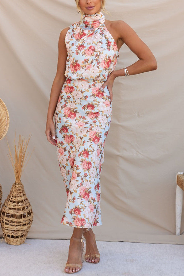 Floral Print Halter Neck Elastic Waist Maxi Dress
