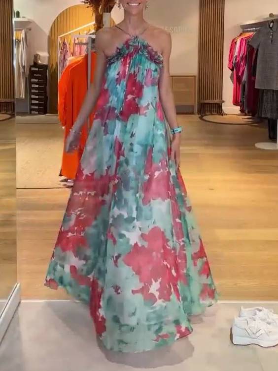 Halter Neck 3D Flower Print Dress