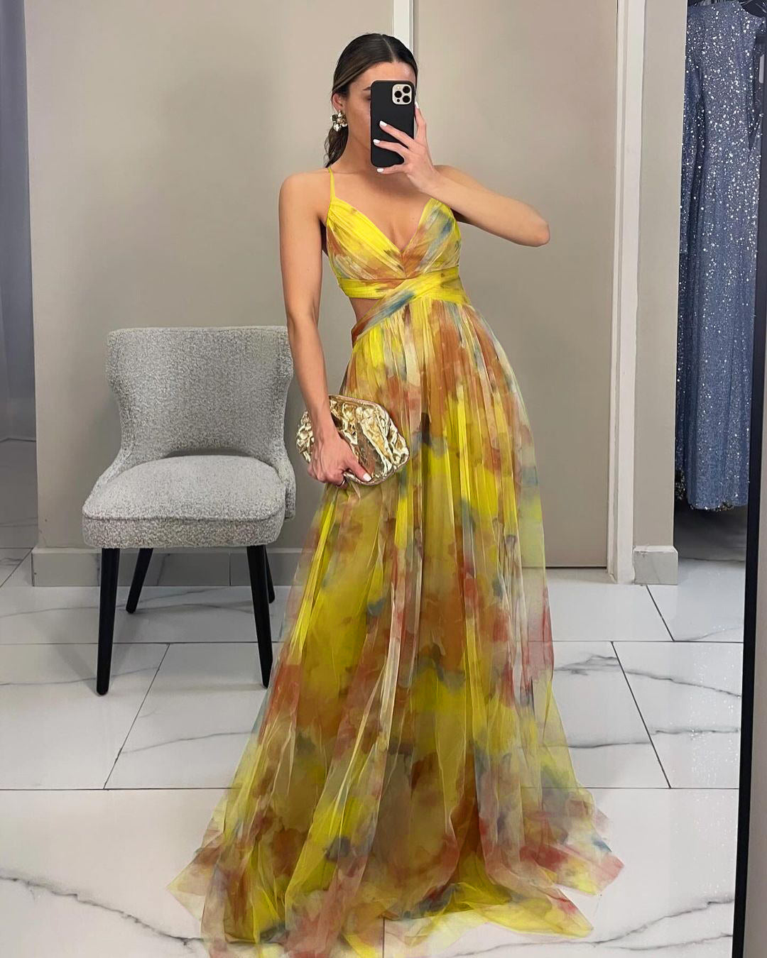 2025 Sexy Deep V-neck Floral Embroidery Mesh Party Evening Dress