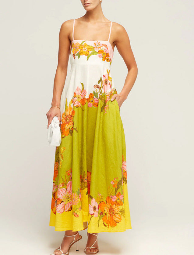 Sun Drenched Tropical Print Smocked Back Pocketed Dress