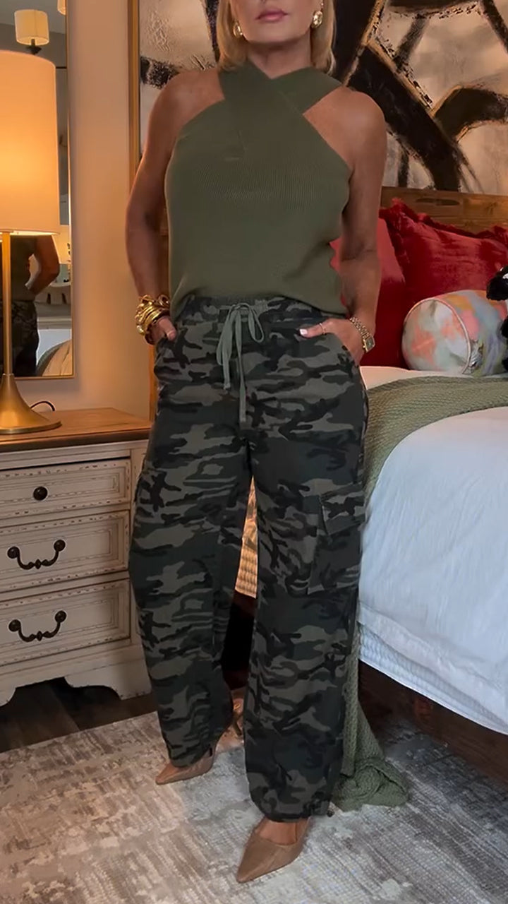 Ladies Round Neck Cross Top+ Camouflage Pants Casual Suit