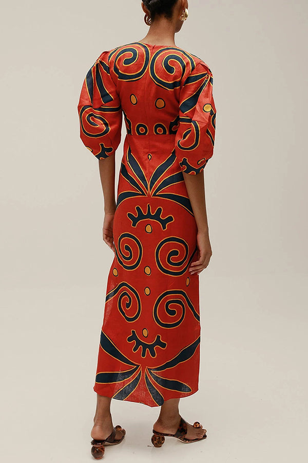 Blend Color Block Print Kaya Linen Dress Front Cutout Knot Puff Sleeve Maxi Dress