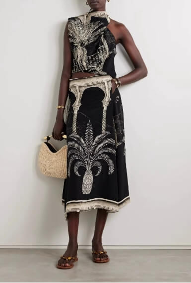 Unique Printed Black Sexy Tops and Midi Skirt Set
