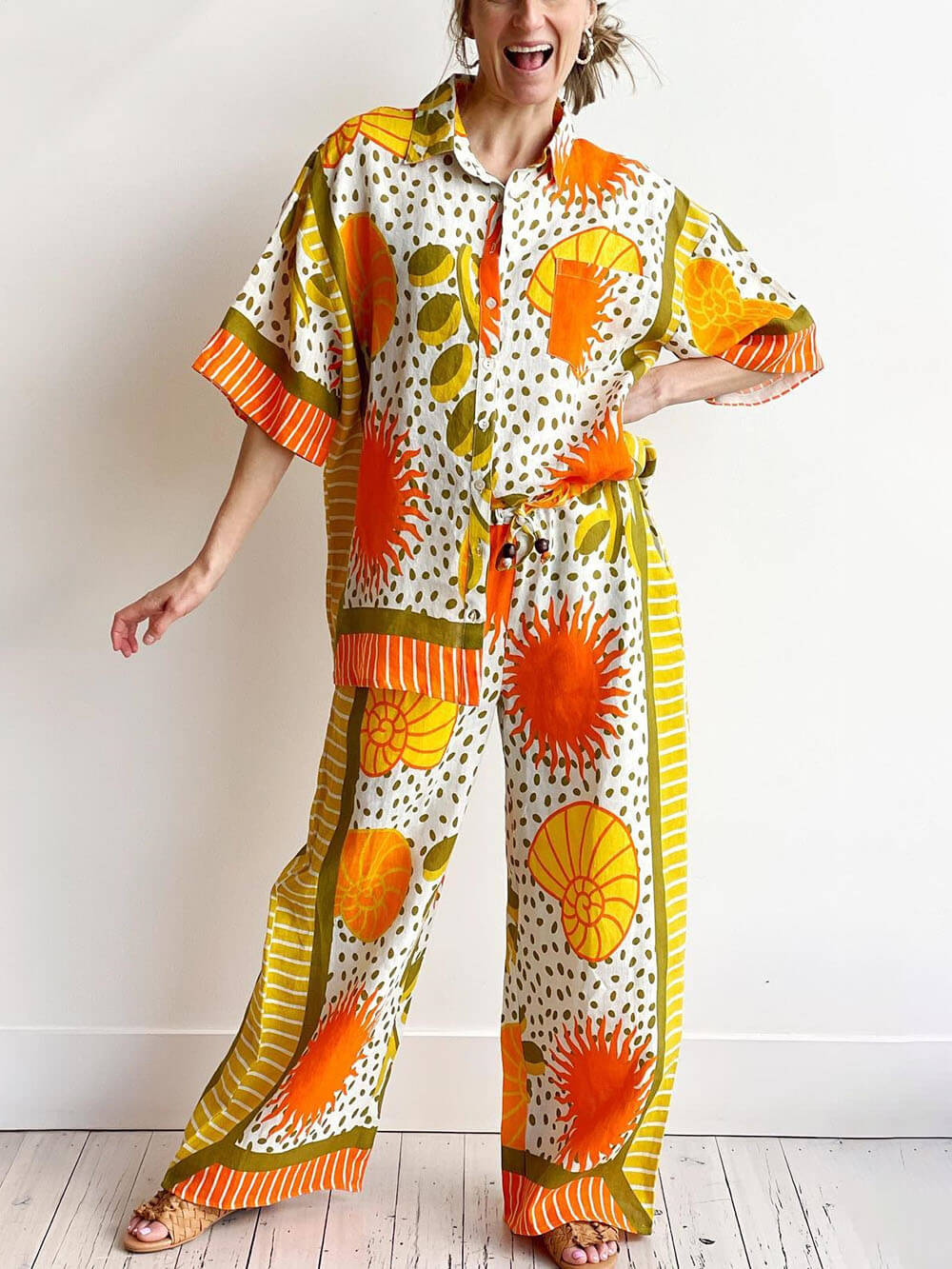 Casual Unique Satin Sun Print Loose Button Down Oversized Shirt and pant 2 pieces set