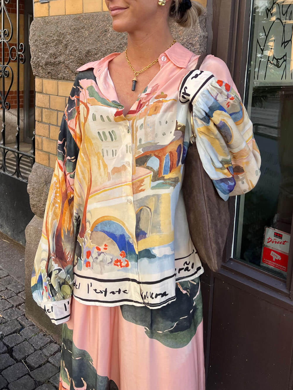 Unique Satin Landscape Print Loose Oversized Shirt and Pants Set