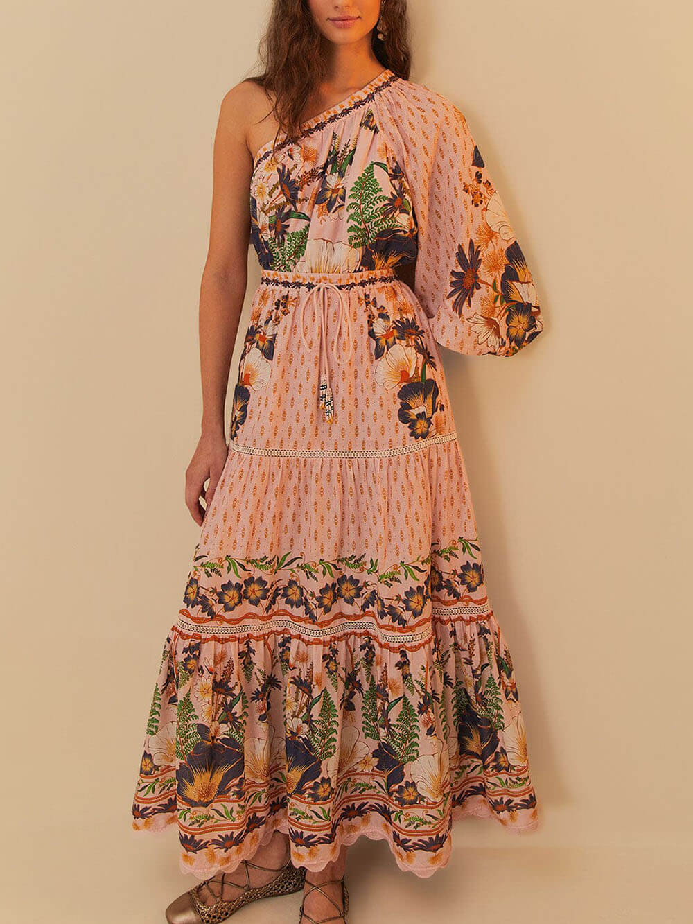 Exquisite Pink Unique Dream Garden Print One-Shoulder Sleeve Waisted Maxi Dress