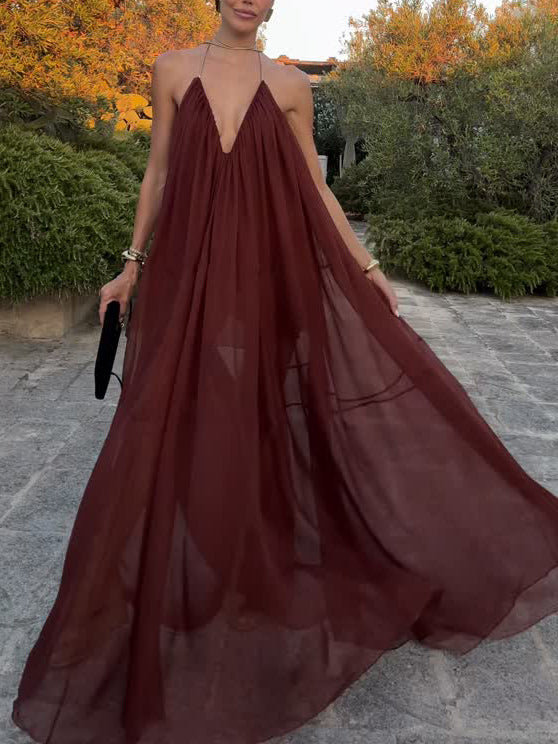Moachic V-neck Chiffon Flowy Maxi Dress