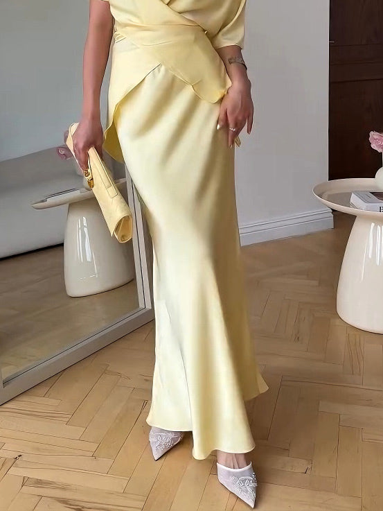 Elegant Draped Satin Fishtail Skirt Set