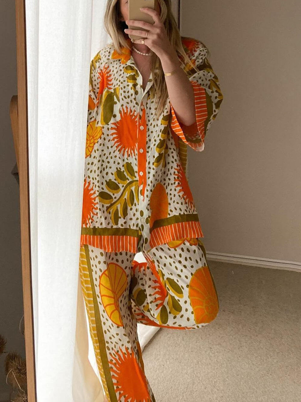 Casual Unique Satin Sun Print Loose Button Down Oversized Shirt and pant 2 pieces set