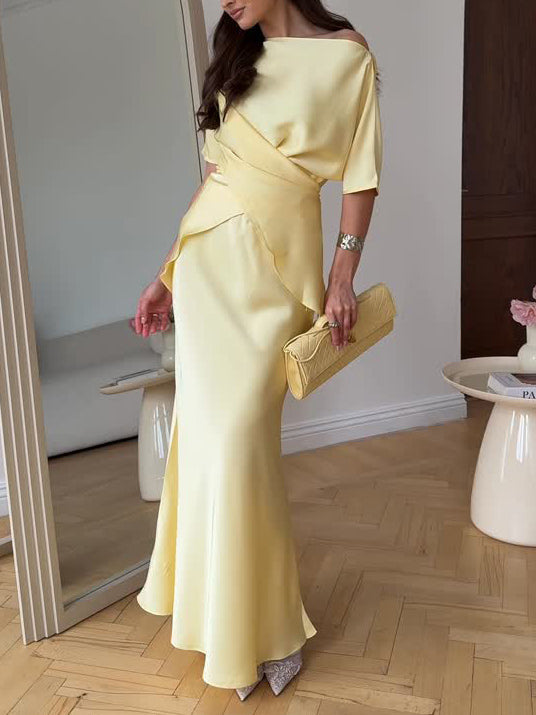 Elegant Draped Satin Fishtail Skirt Set