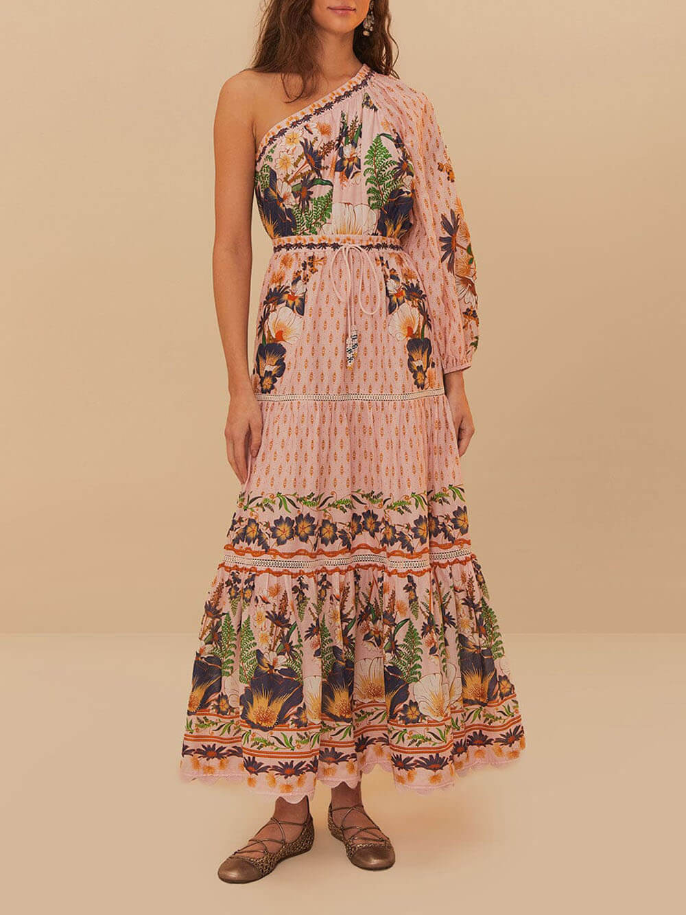 Exquisite Pink Unique Dream Garden Print One-Shoulder Sleeve Waisted Maxi Dress