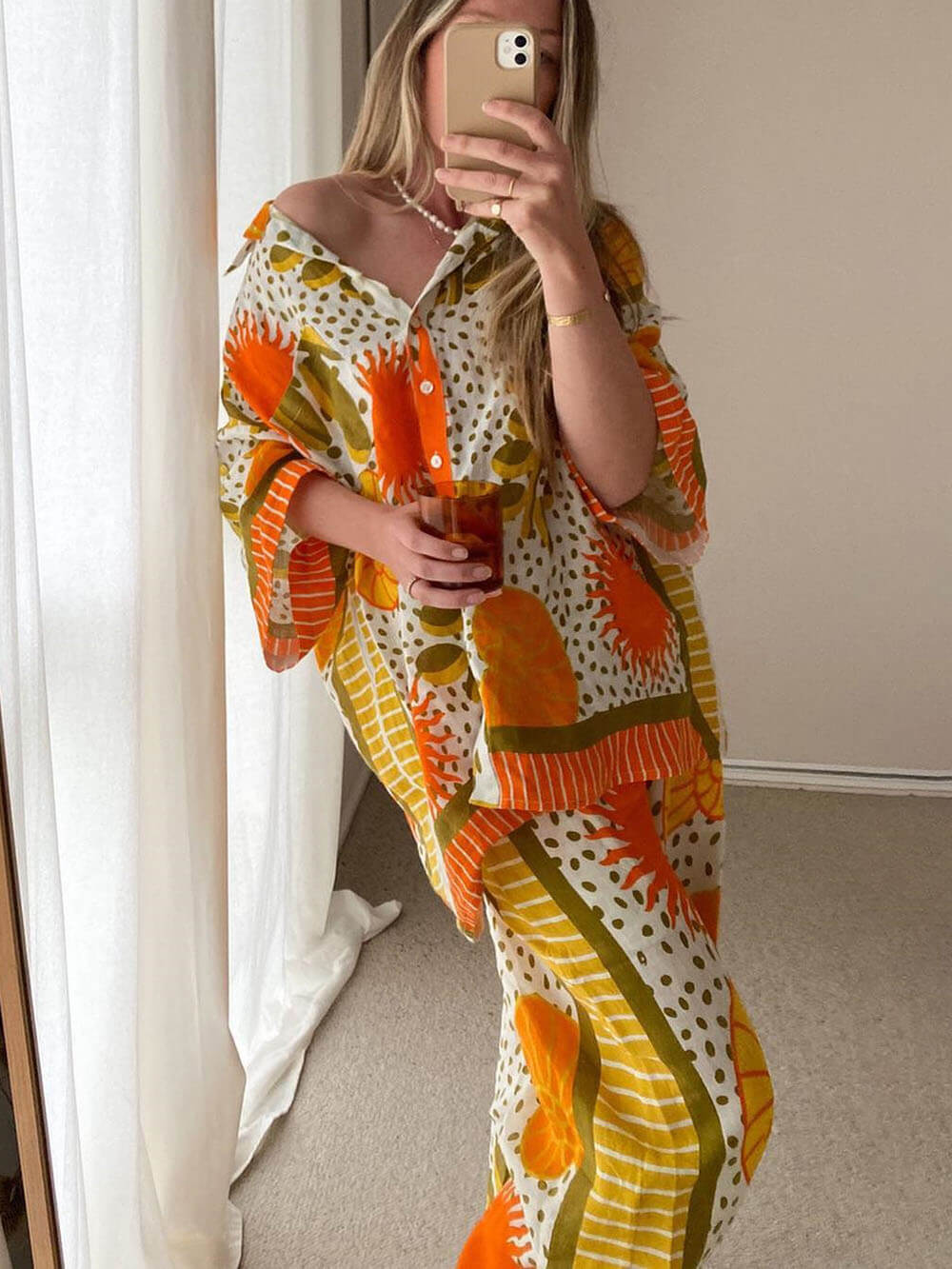 Casual Unique Satin Sun Print Loose Button Down Oversized Shirt and pant 2 pieces set