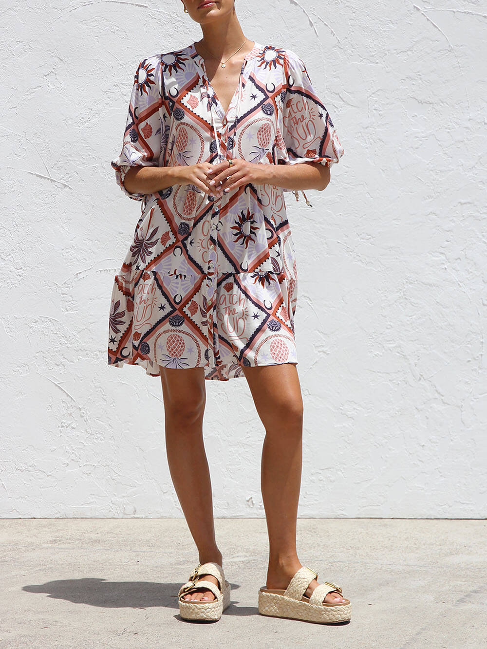 Delicate Satin Unique Contrast Print Tiered Pleated Tie Mini Dress