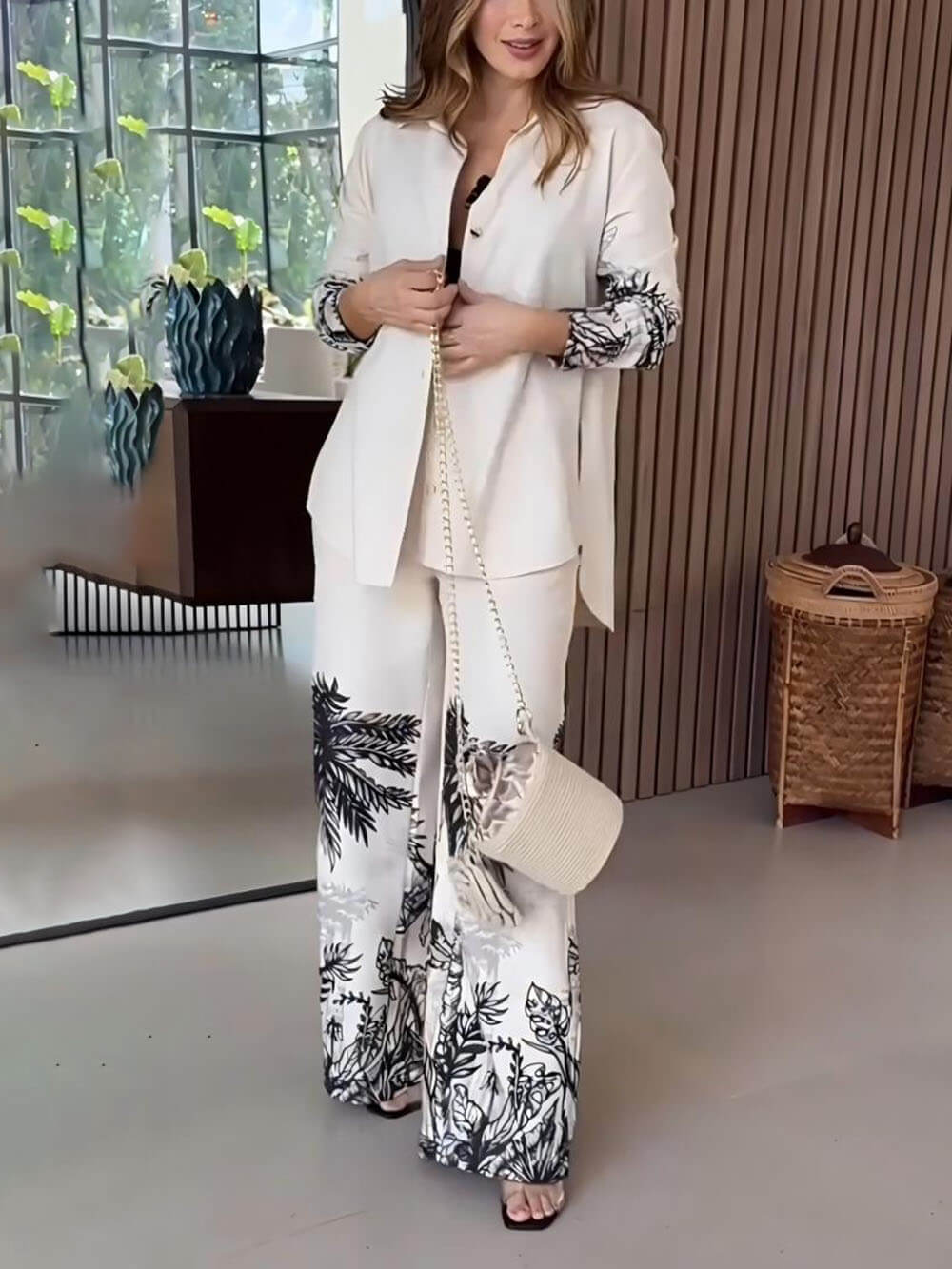 Modern Unique Positioning Print Long-Sleeved Button-Up Top