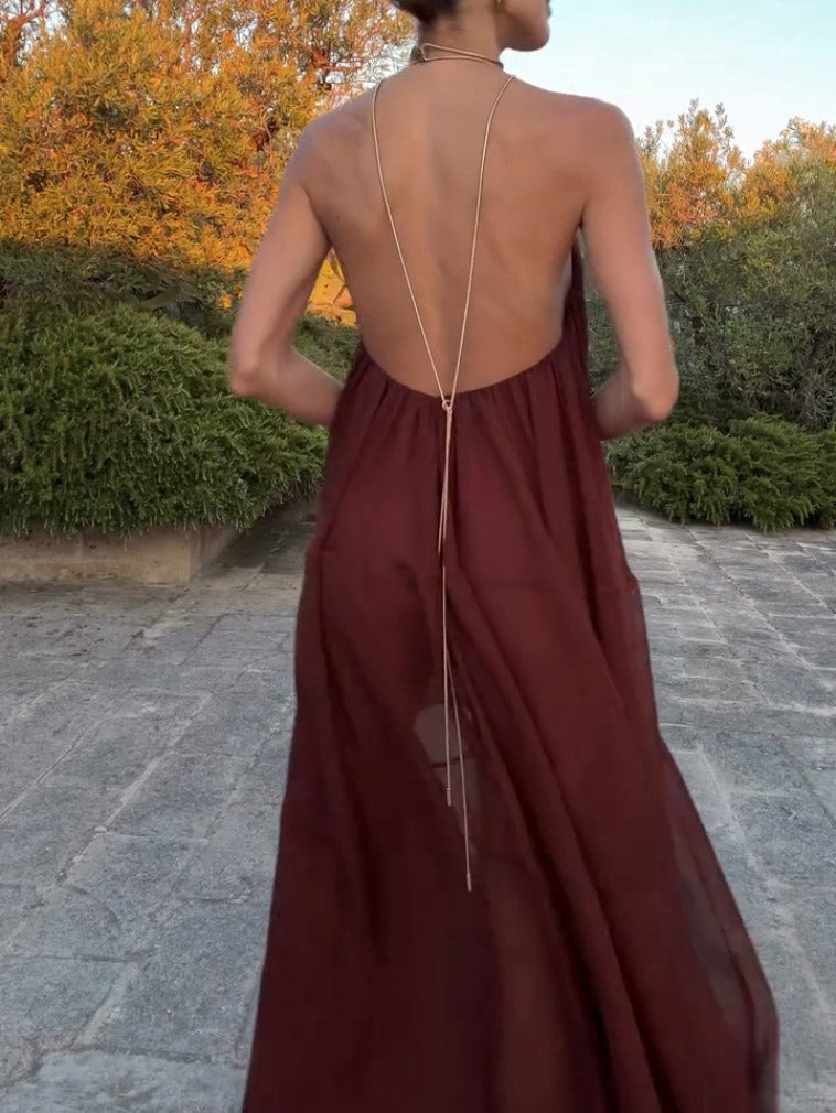 Moachic V-neck Chiffon Flowy Maxi Dress