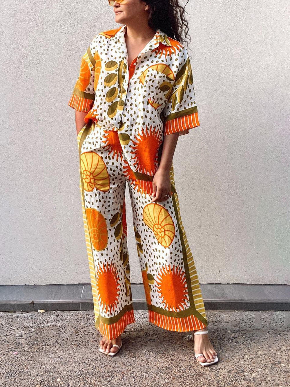 Casual Unique Satin Sun Print Loose Button Down Oversized Shirt and pant 2 pieces set