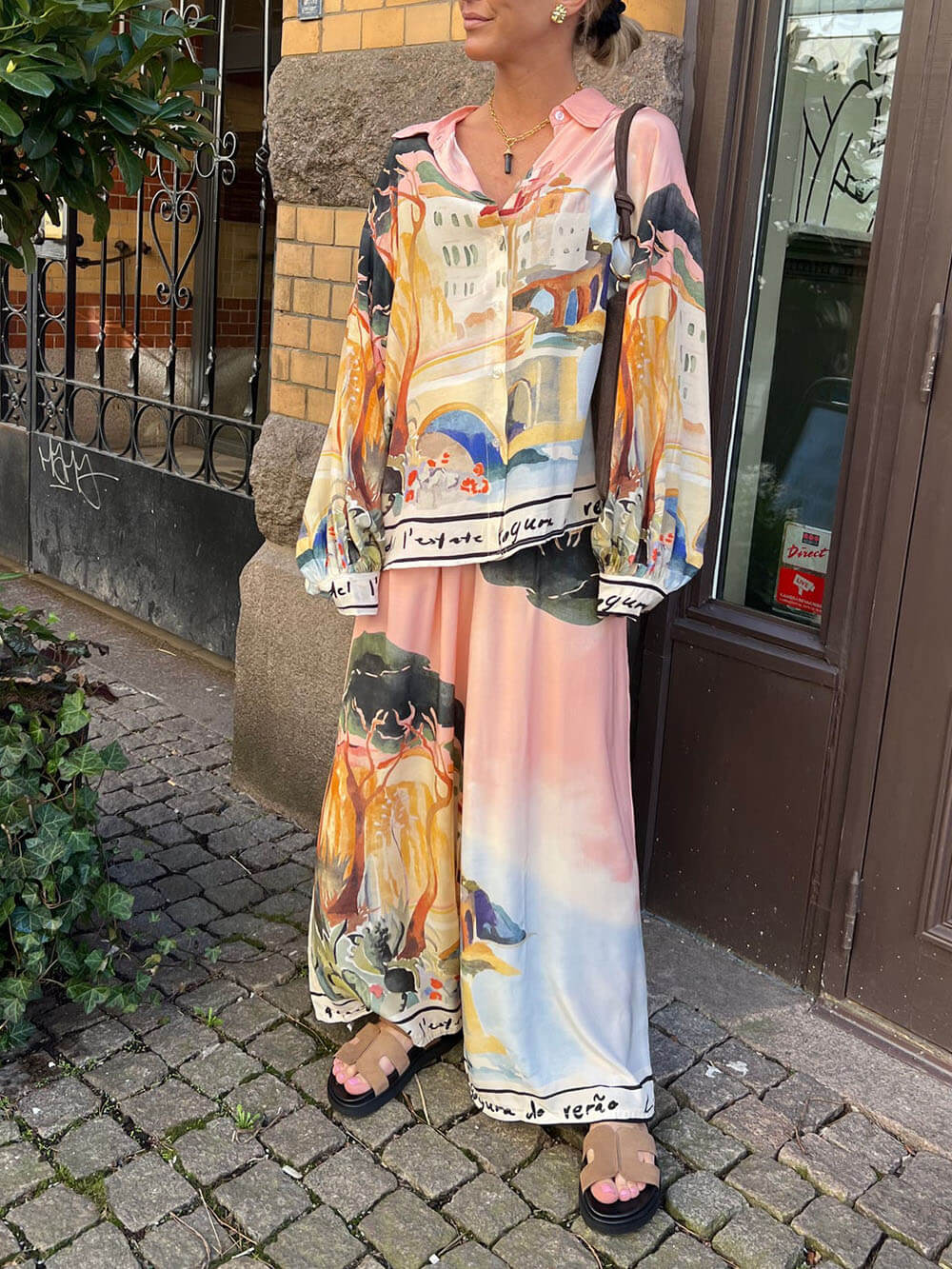 Unique Satin Landscape Print Loose Oversized Shirt and Pants Set