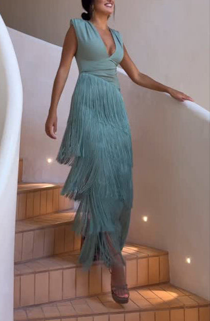 Moachic Elegant V-neck Pleated Fringe Maxi Dress