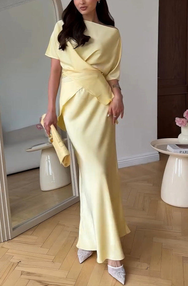Elegant Draped Satin Fishtail Skirt Set