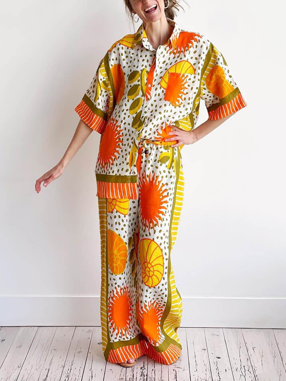 Casual Unique Satin Sun Print Loose Button Down Oversized Shirt and pant 2 pieces set