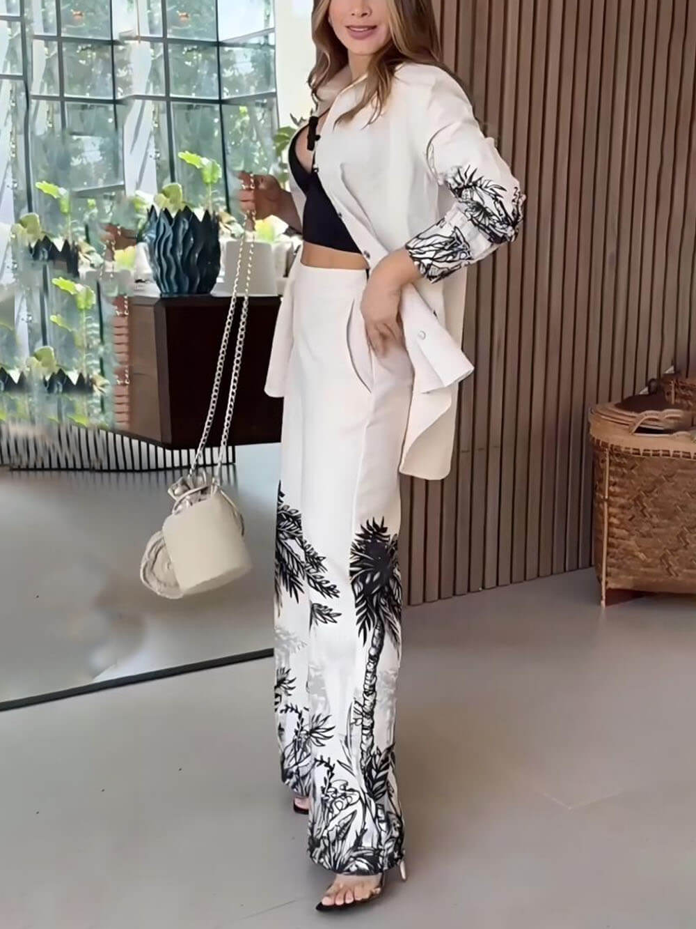 Modern Unique Positioning Print Long-Sleeved Button-Up Top