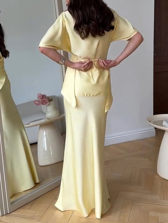 Elegant Draped Satin Fishtail Skirt Set