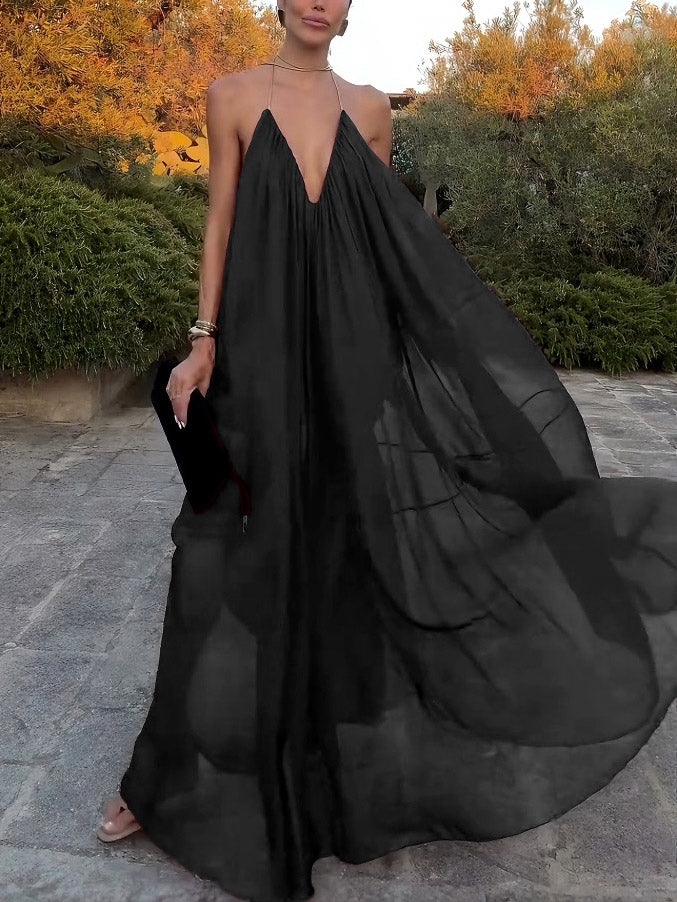 Moachic V-neck Chiffon Flowy Maxi Dress