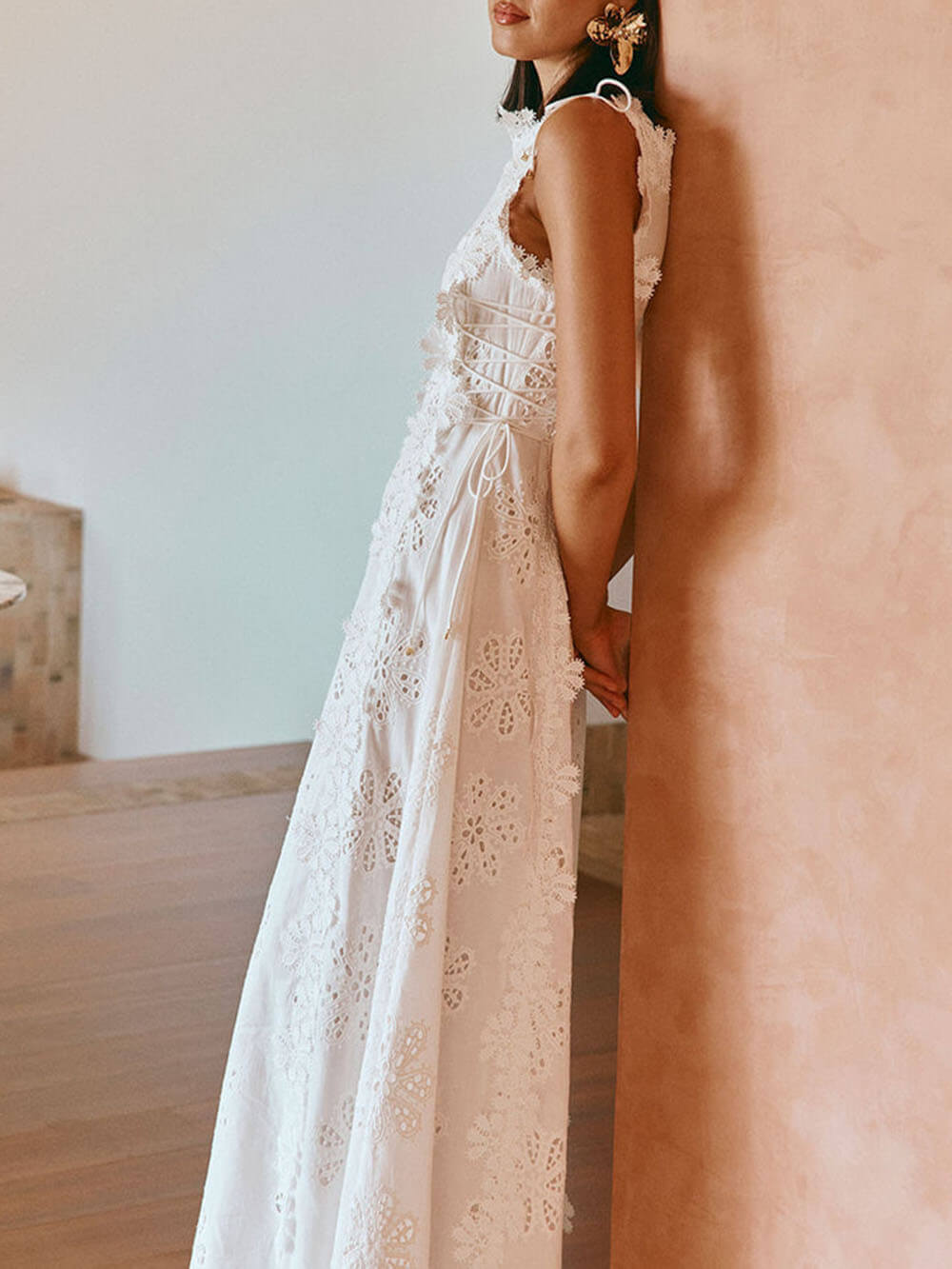 Delicate Lace Hook And Lace Up Sides Maxi Dress