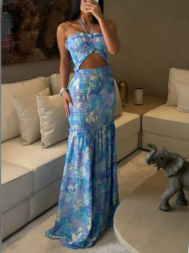 Halter Neck Tube Top Printed Dress