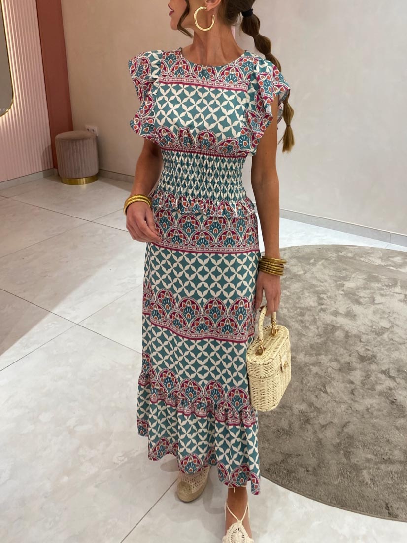 Exquisite Vintage Print Ruffle Sleeve Midi Dress