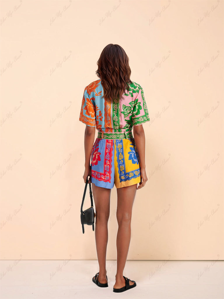 Unique Vintage Floral Print Belted Jumpsuit