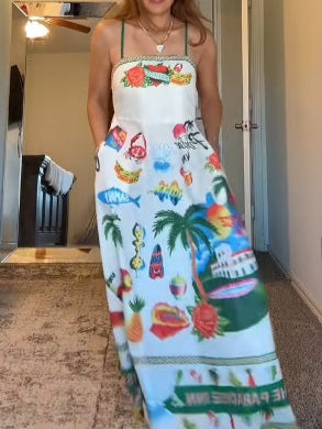 Sun Drenched Tropical Print Smocked Back Pocketed Dress
