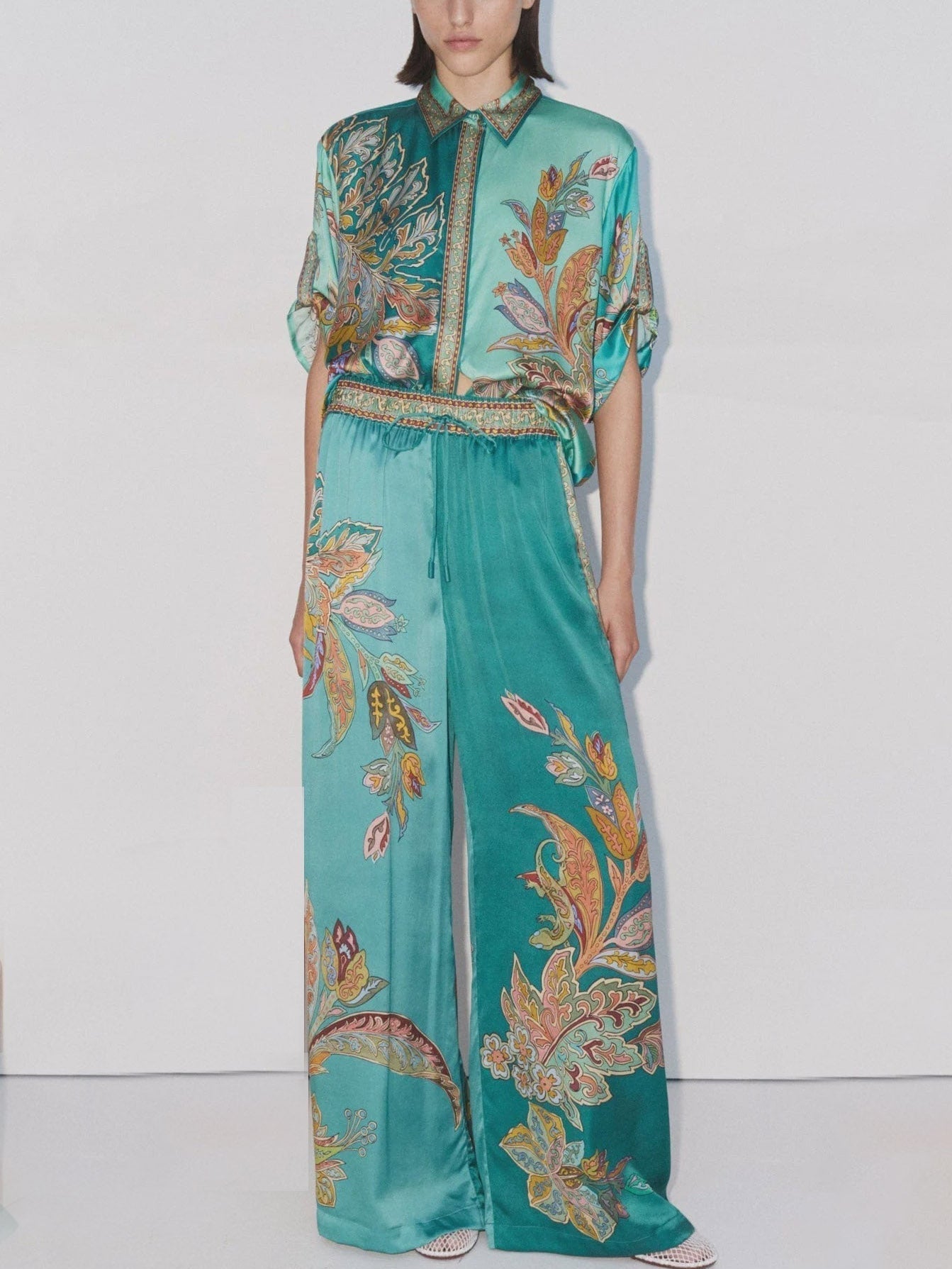Unique Exquisite Satin Plant Flower Print Loose Top and Wide Pants Set