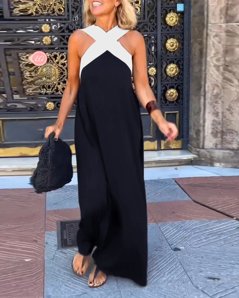 Moachic Women Cross Halter Neck Sleeveless Stitching Dress