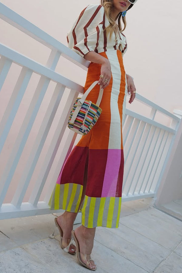 Blend Color Block Print Kaya Linen Dress Front Cutout Knot Puff Sleeve Maxi Dress