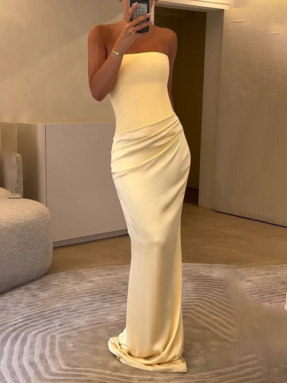 Elegant Strapless Draped Satin Maxi Dress