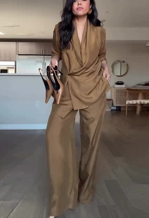Moachic Satin Drape Collar Single Button Casual Blazer and Elastic Waist Pocket Loose Pants Set