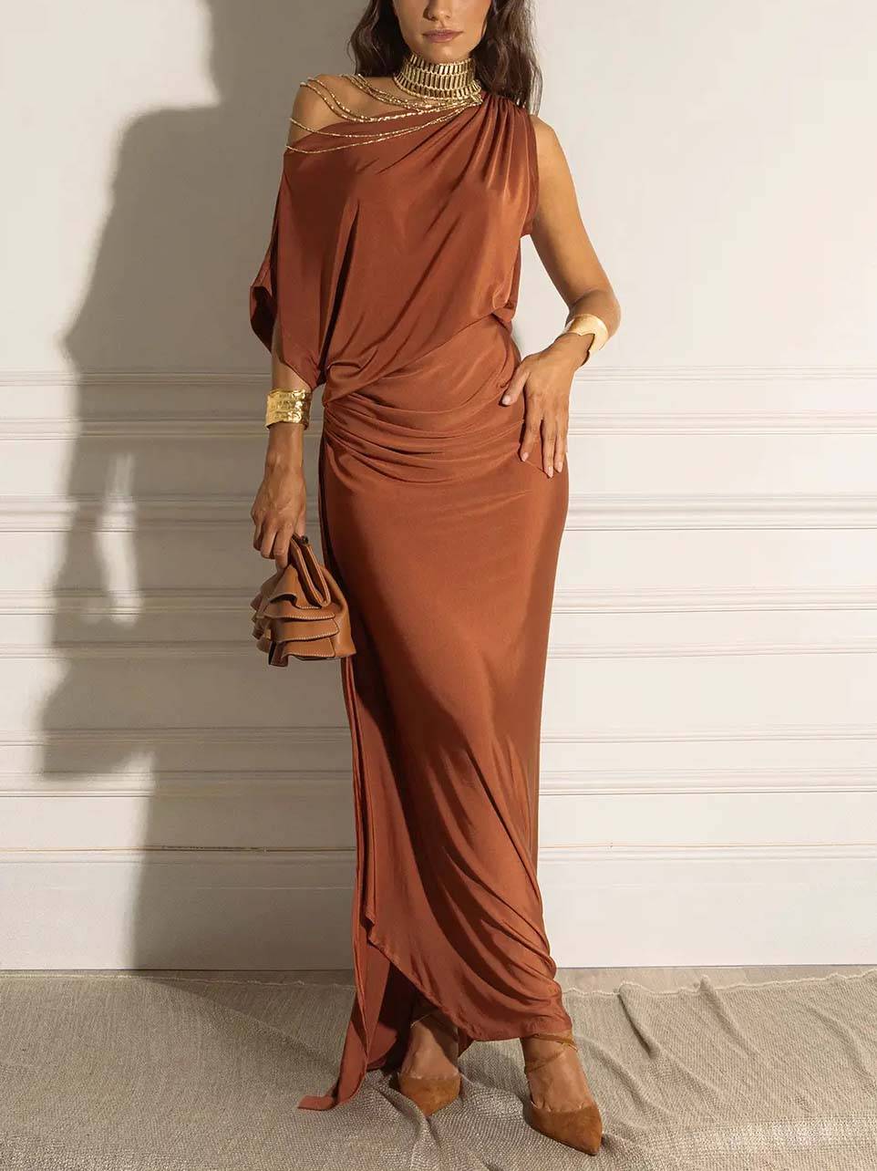 Oblique Collar Off-Shoulder Pleated Maxi Dress