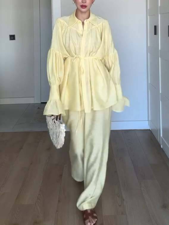 Loose Belt Shirt And Wide Leg Pants Suit-Pants