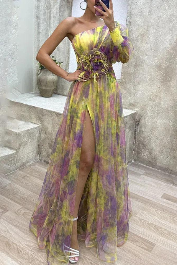 One Shoulder Floral Print Chiffon Fauna Dress