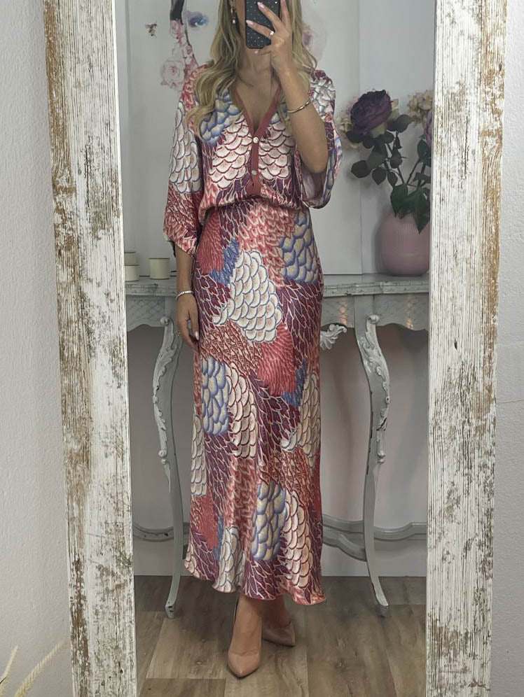 Elegant Vintage Satin Floral Print Fishtail Skirt