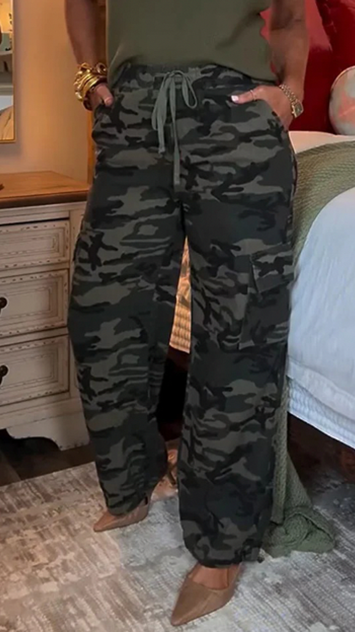 Ladies Round Neck Cross Top+ Camouflage Pants Casual Suit
