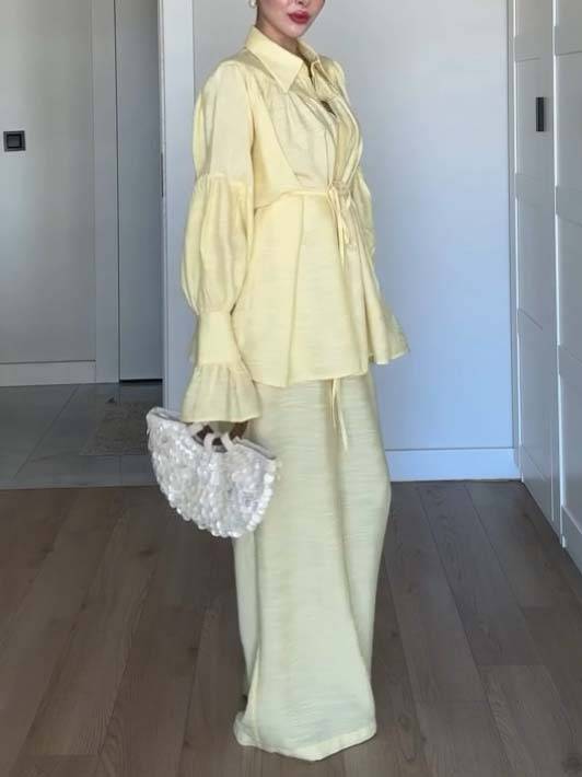 Loose Belt Shirt And Wide Leg Pants Suit-Pants